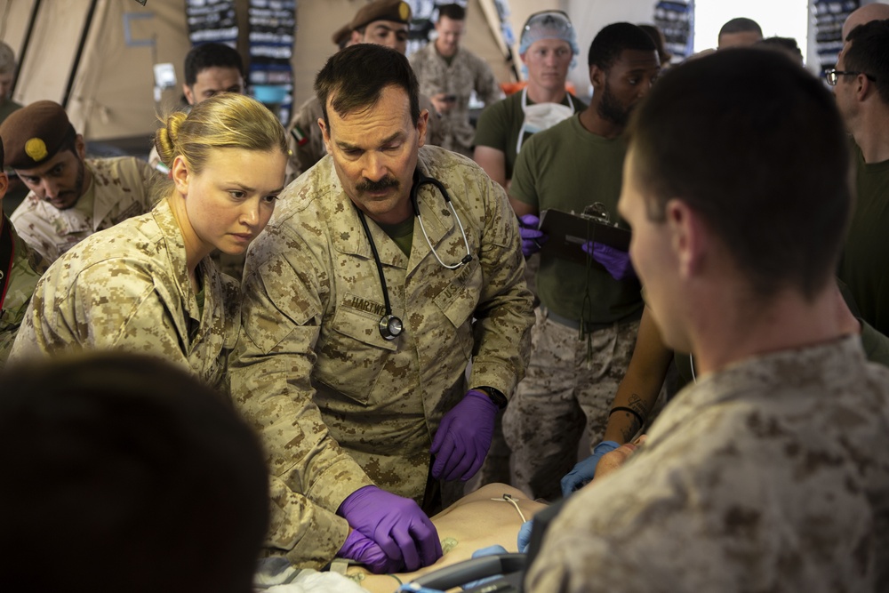 U.S. Corpsmen and UAE Soldiers exchange Medical practices During Native Fury 20