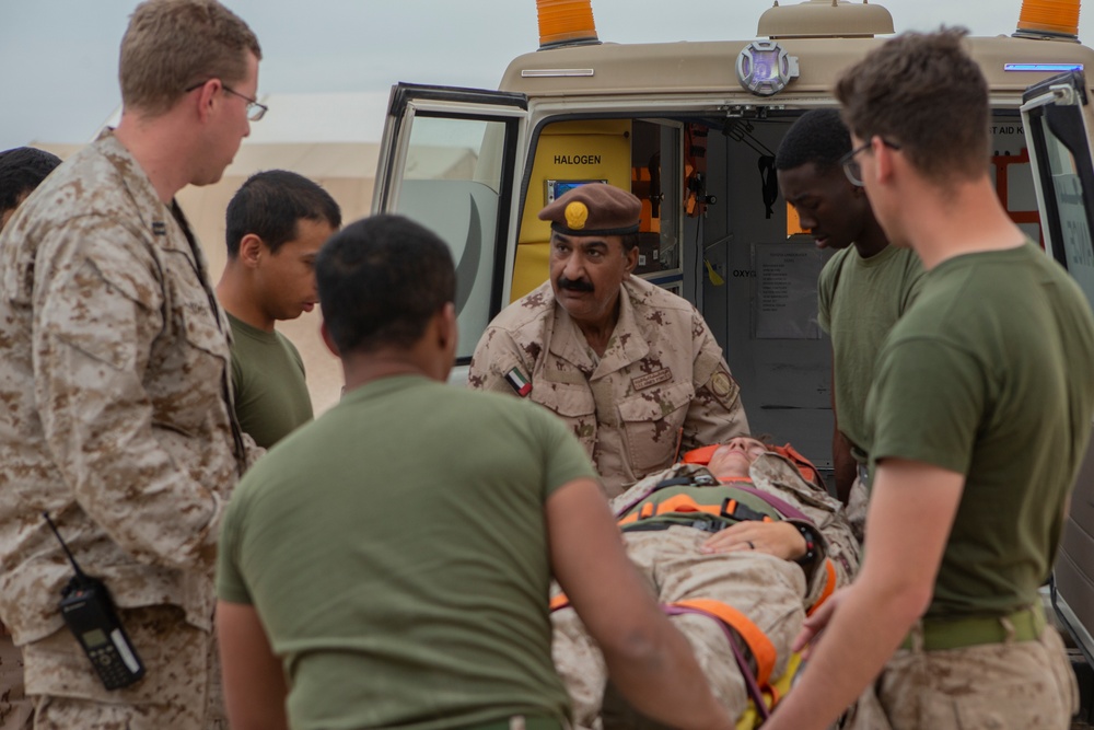 U.S. Corpsmen and UAE Soldiers exchange Medical practices During Native Fury 20