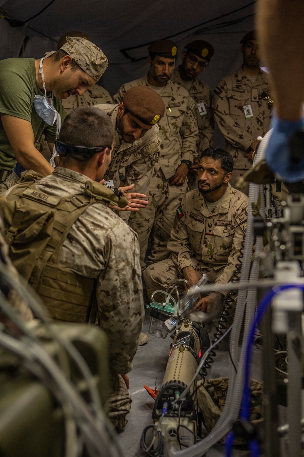 U.S. Corpsmen and UAE Soldiers exchange Medical practices During Native Fury 20