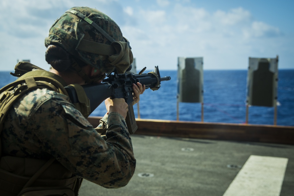 31st MEU Marines and sailors aboard USS America conduct live fire deck shoot