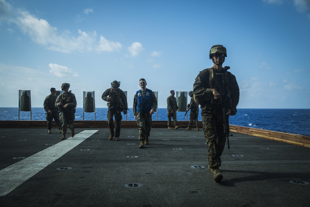 31st MEU Marines and sailors aboard USS America conduct live fire deck shoot