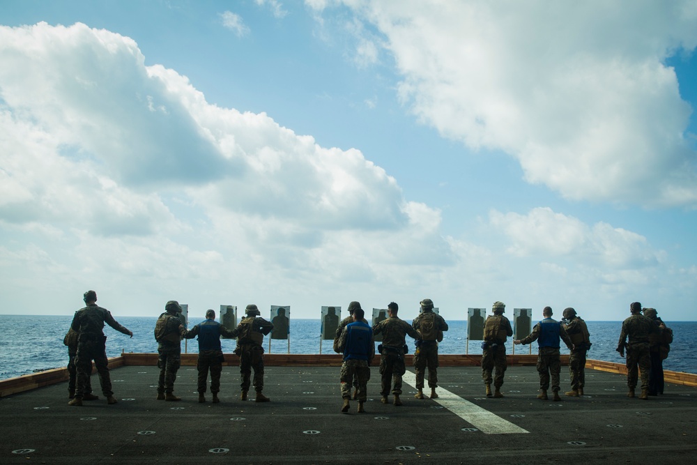 31st MEU Marines and sailors aboard USS America conduct live fire deck shoot