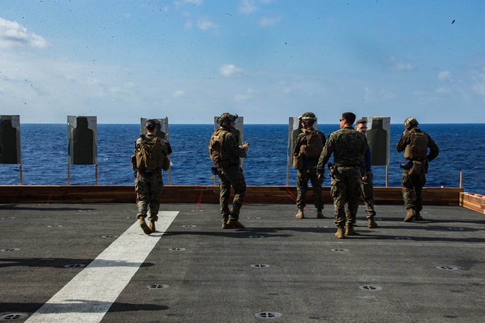 31st MEU Marines and Sailors aboard USS America conduct live fire range