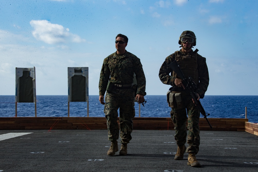 31st MEU Marines and Sailors aboard USS America conduct live fire range