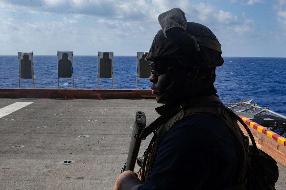 31st MEU Marines and Sailors aboard USS America conduct live fire range