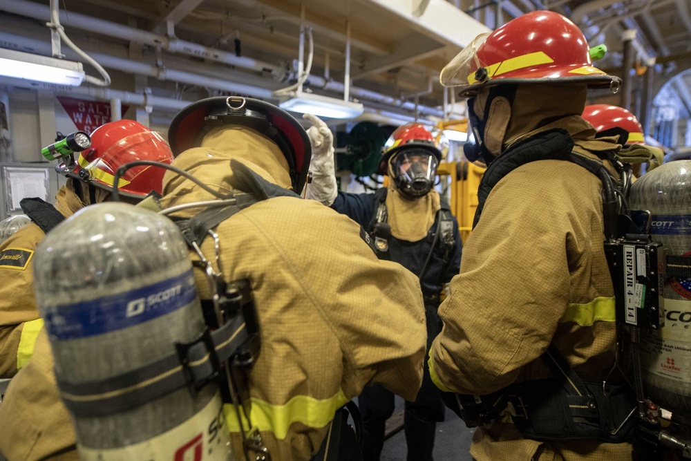 Amphibious assault ship USS America (LHA 6) conducts general quarters drill