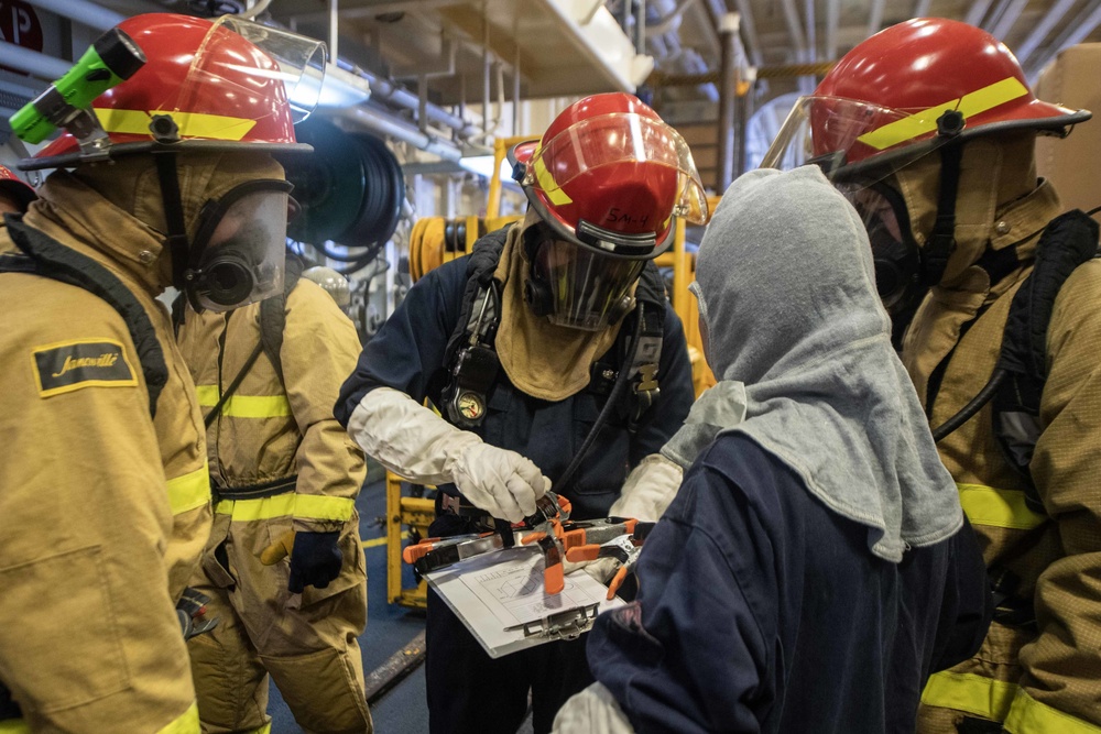 Amphibious assault ship USS America (LHA 6) conducts general quarters drill