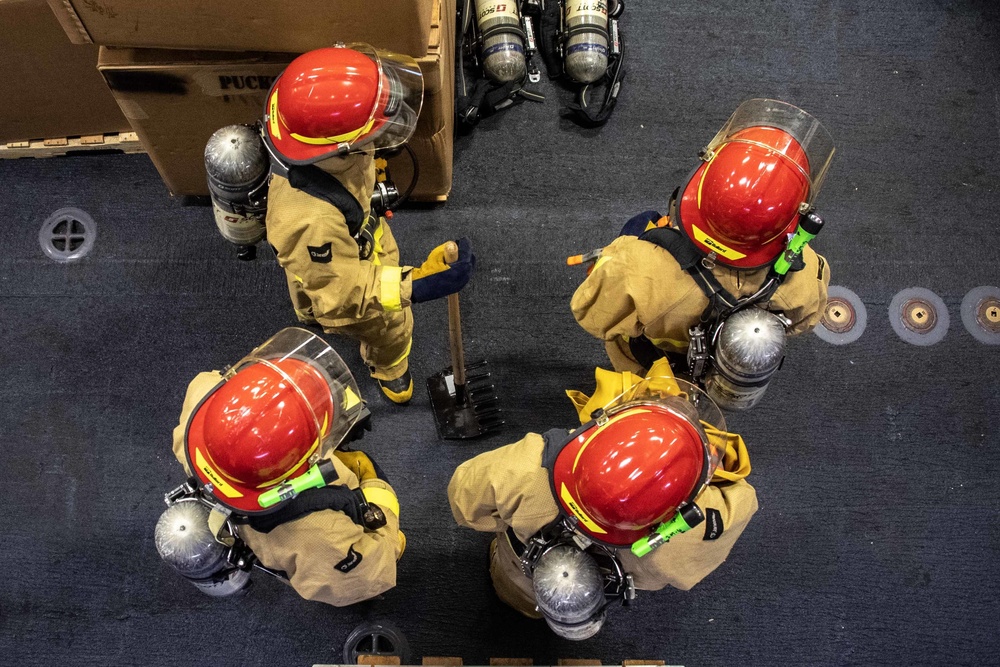 Amphibious assault ship USS America (LHA 6) conducts general quarters drill