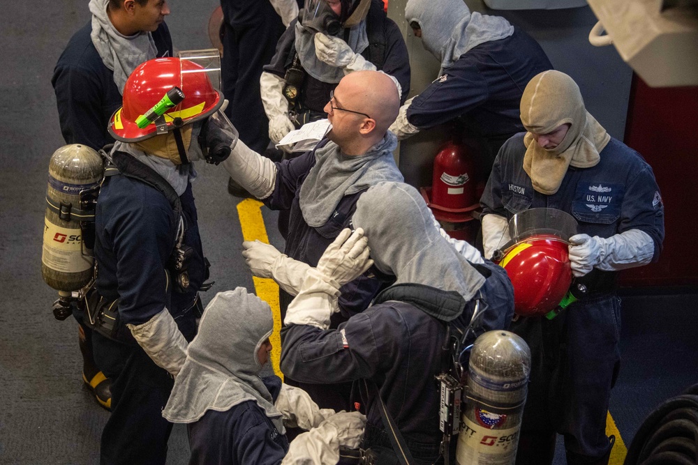 Amphibious assault ship USS America (LHA 6) conducts general quarters drill