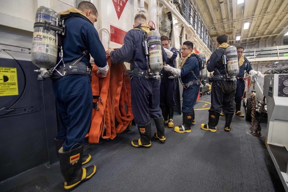 Amphibious assault ship USS America (LHA 6) conducts general quarters drill