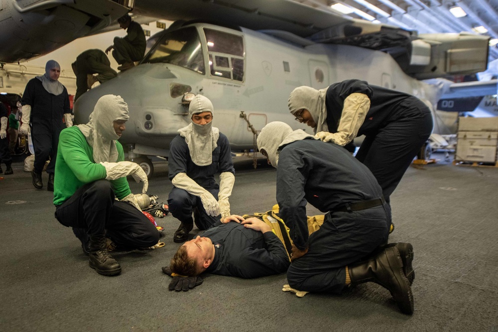 Amphibious assault ship USS America (LHA 6) conducts general quarters drill