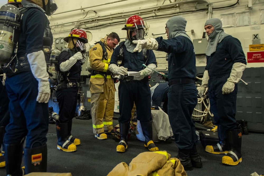 Amphibious assault ship USS America (LHA 6) conducts general quarters drill