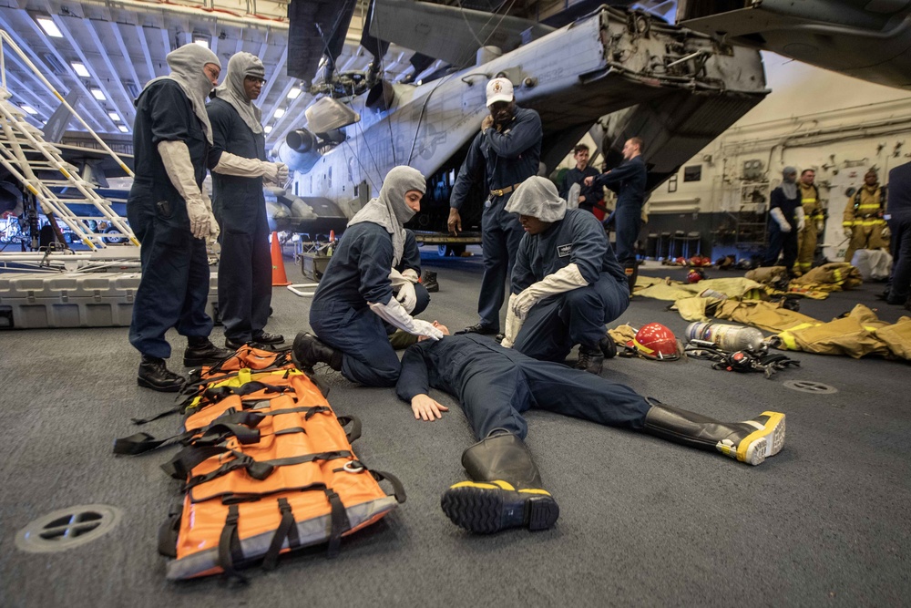 Amphibious assault ship USS America (LHA 6) conducts general quarters drill