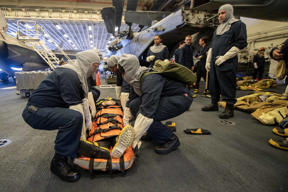 Amphibious assault ship USS America (LHA 6) conducts general quarters drill