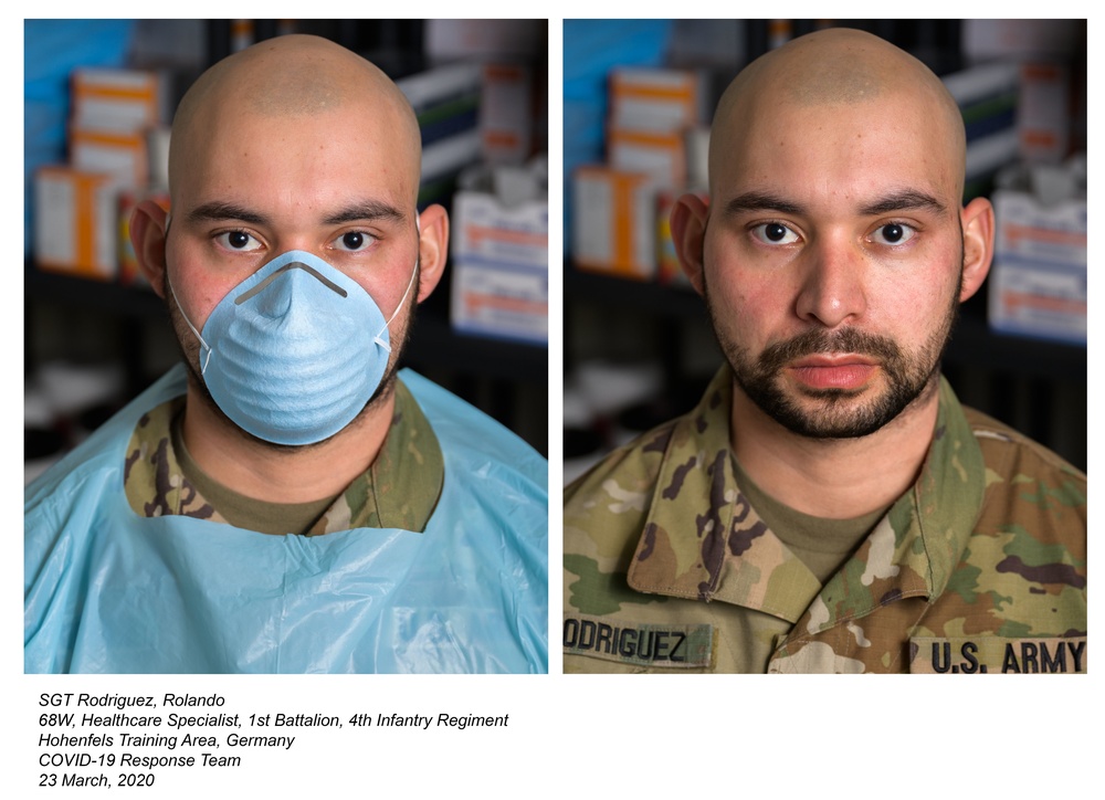 Diptych portraits of the healthcare providers on the frontlines of COVID-19 response at Hohenfels Training Area.