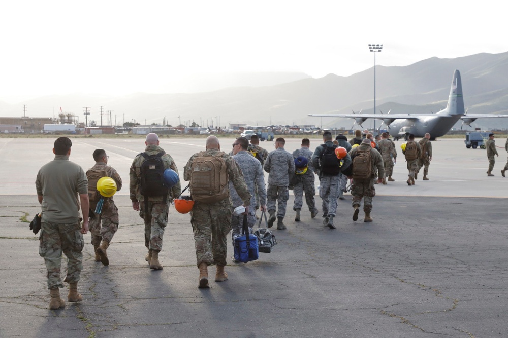 California Air National Guard 146th Airlift Wing mobilized to assist building of federal medical facilities at Riverside Fairgrounds in Indio California