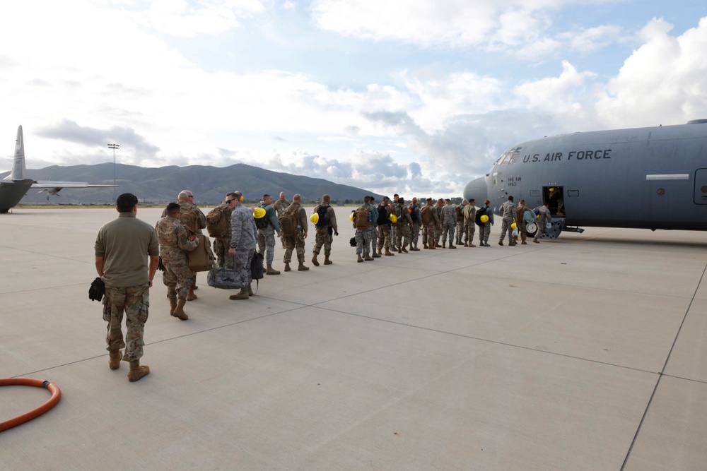 California Air National Guard 146th Airlift Wing mobilized to assist building of federal medical facilities at Riverside Fairgrounds in Indio California