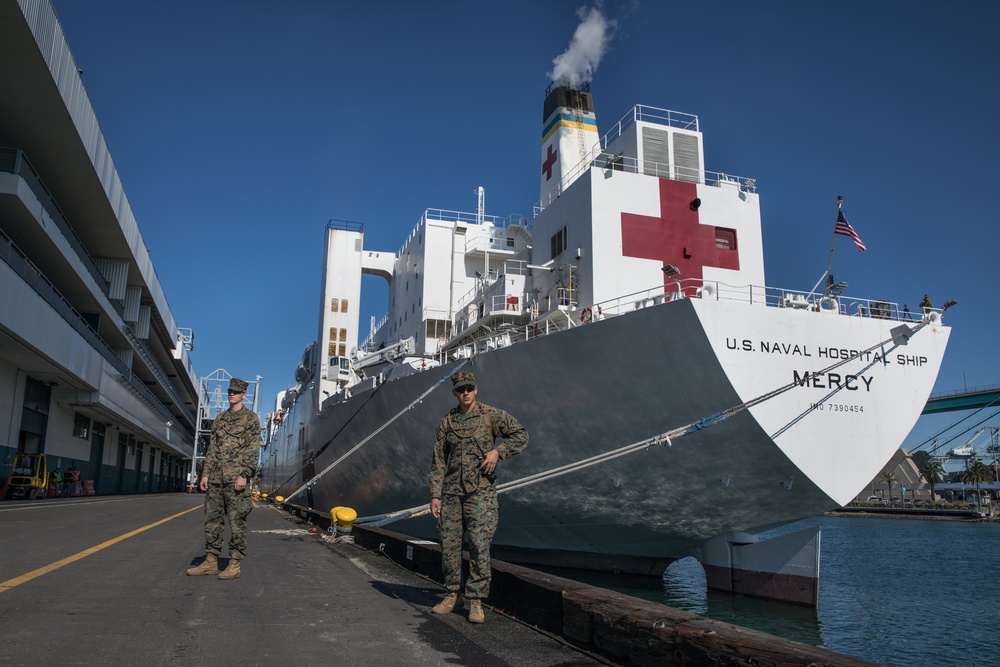 U.S. Marines with V14 support the USNS Mercy (T-AH 19) COVID-19 Response Effort Deployment