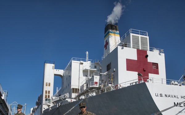 U.S. Marines with V14 support the USNS Mercy (T-AH 19) COVID-19 Response Effort Deployment