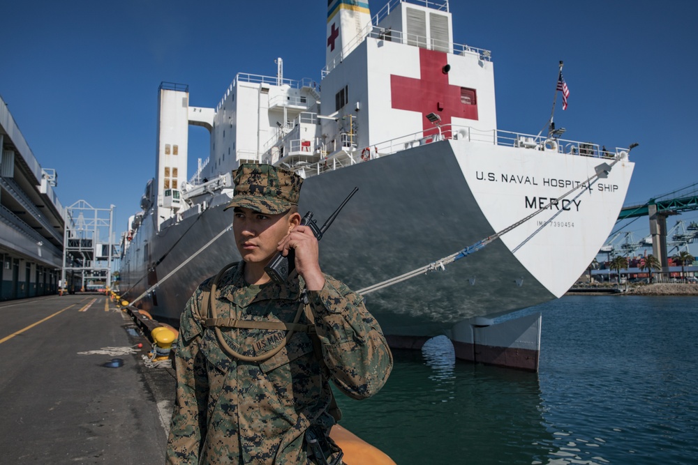 U.S. Marines with V14 support the USNS Mercy (T-AH 19) COVID-19 Response Effort Deployment