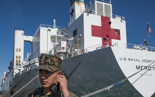 U.S. Marines with V14 support the USNS Mercy (T-AH 19) COVID-19 Response Effort Deployment