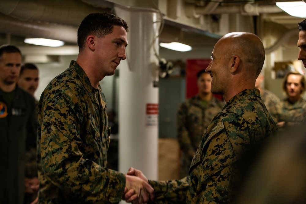 31st MEU Marines awarded by MEU commander aboard USS America