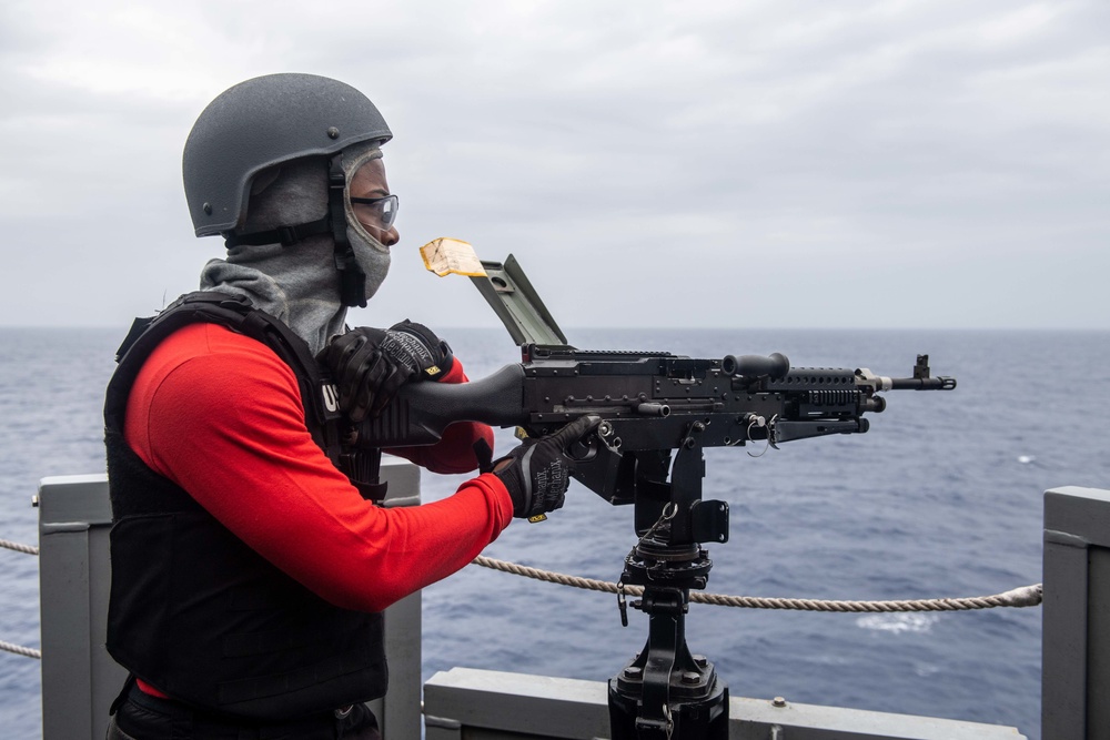 Sailors aboard USS America (LHA 6) conduct live fire exercise