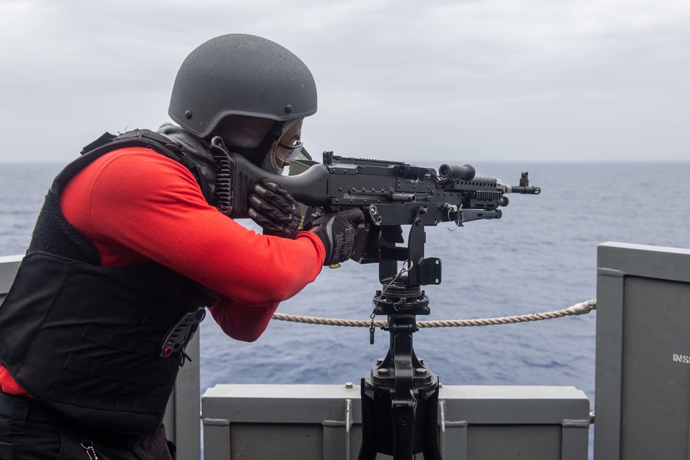 Sailors aboard USS America (LHA 6) conduct live fire exercise