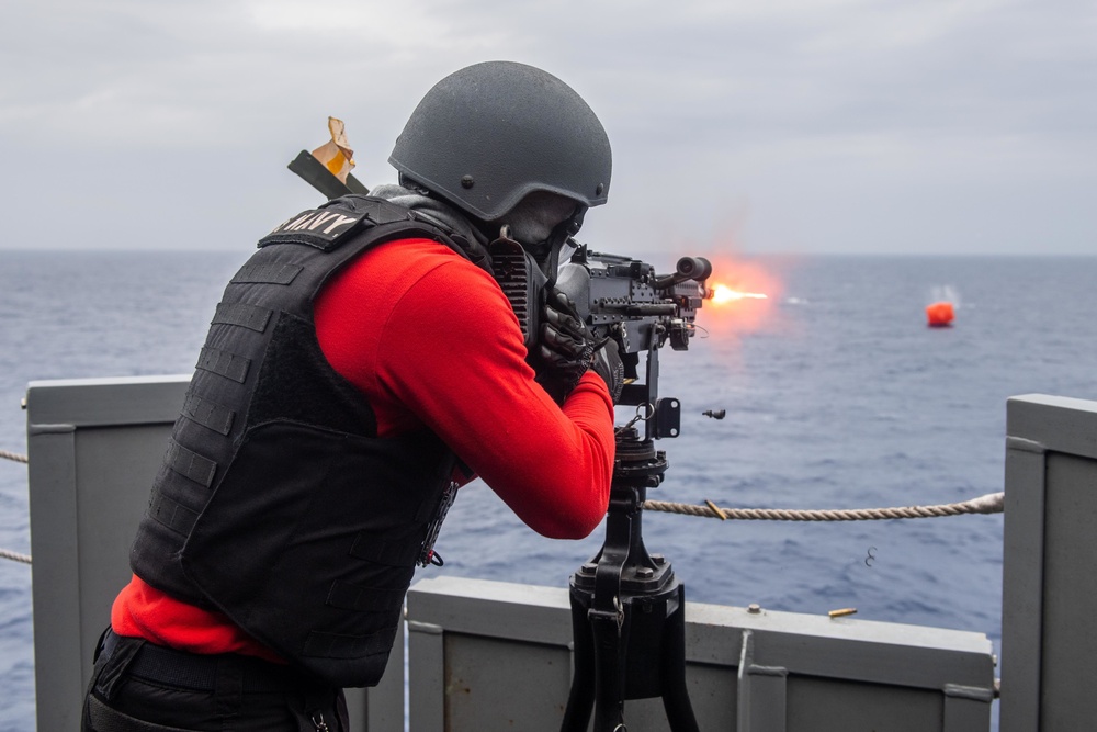 Sailors aboard USS America (LHA 6) conduct live fire exercise