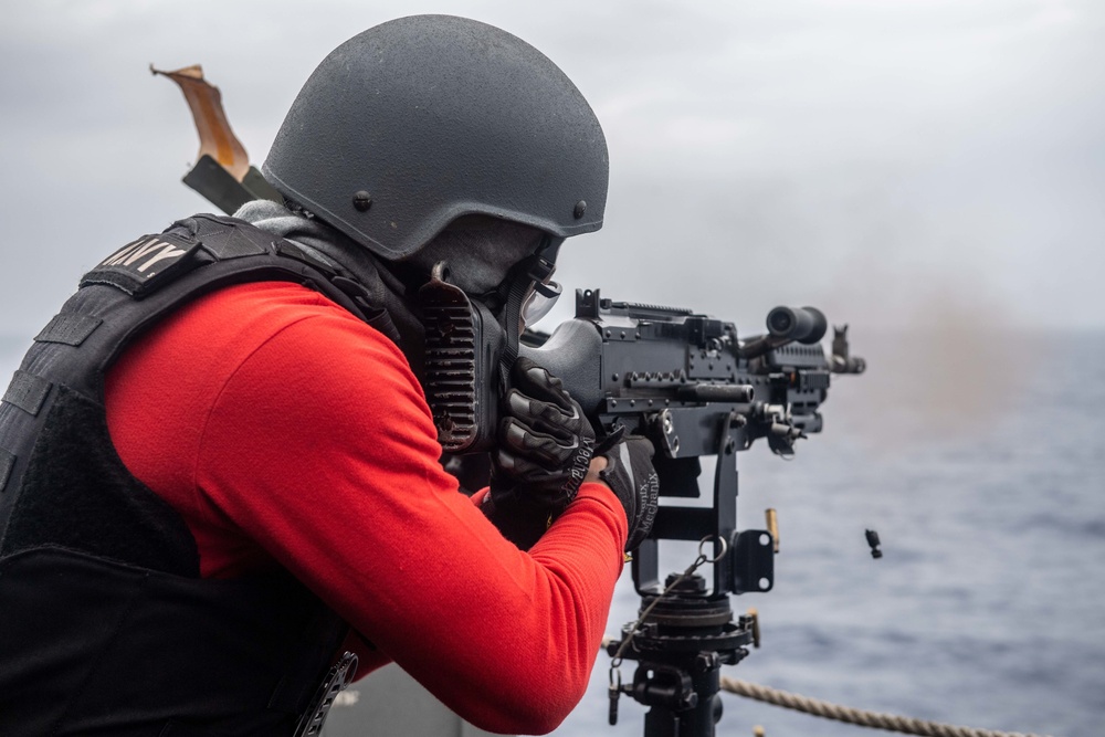 Sailors aboard USS America (LHA 6) conduct live fire exercise