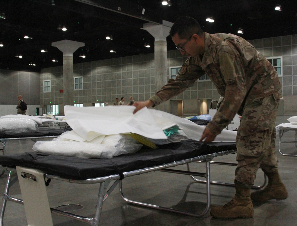 Airmen with the 146th Airlift Wing set up a federal medical station to aid COVID-19 response in Los Angeles