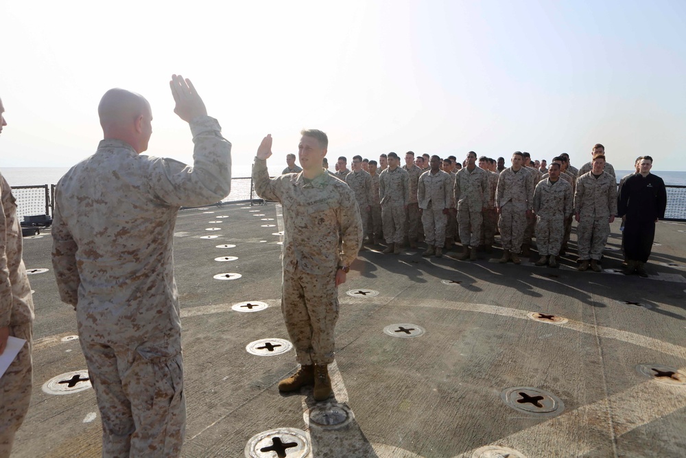 Combat Logistics Battalion 26 holds promotion ceremony aboard USS Oak Hill.