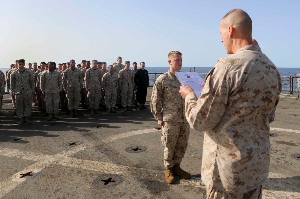 Combat Logistics Battalion 26 holds promotion ceremony aboard USS Oak Hill