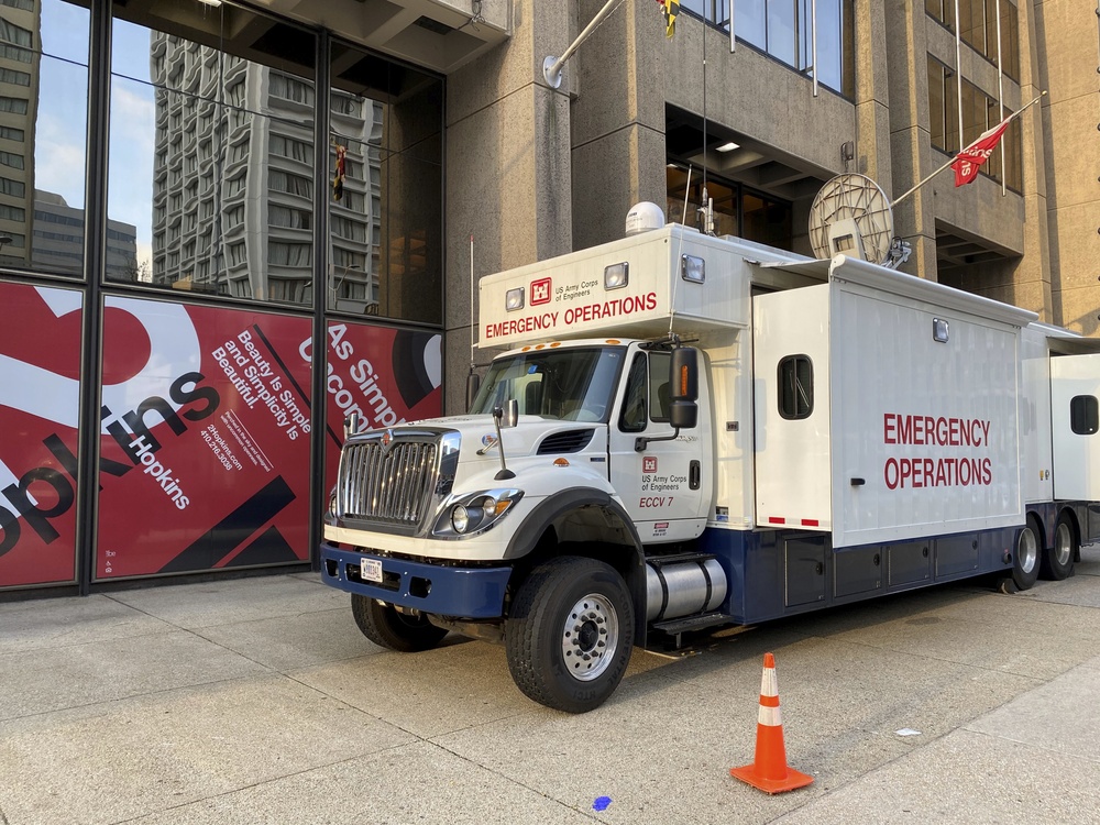 A U.S. Army Corps of Engineers Emergency Operations Vehicle (ECCV-7) is parked outside the Army Corps Baltimore District Headquarters in support of COVID-19 emergency operations