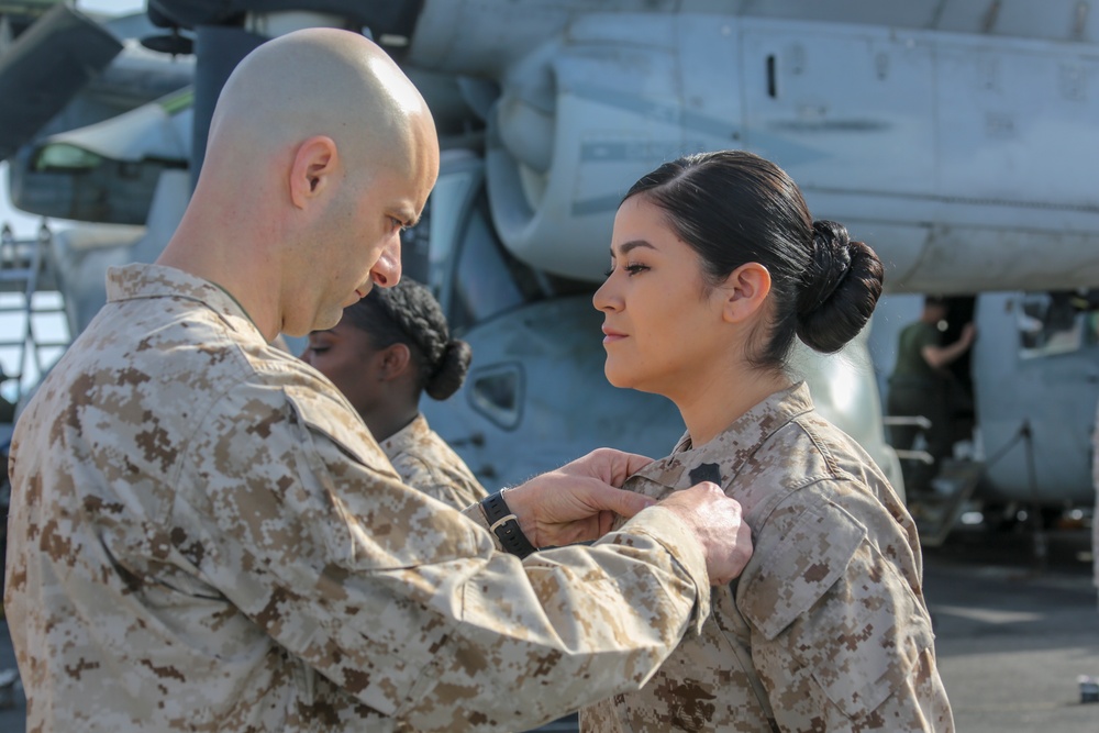 Corpsmen receive Fleet Marine Force pins aboard USS Bataan