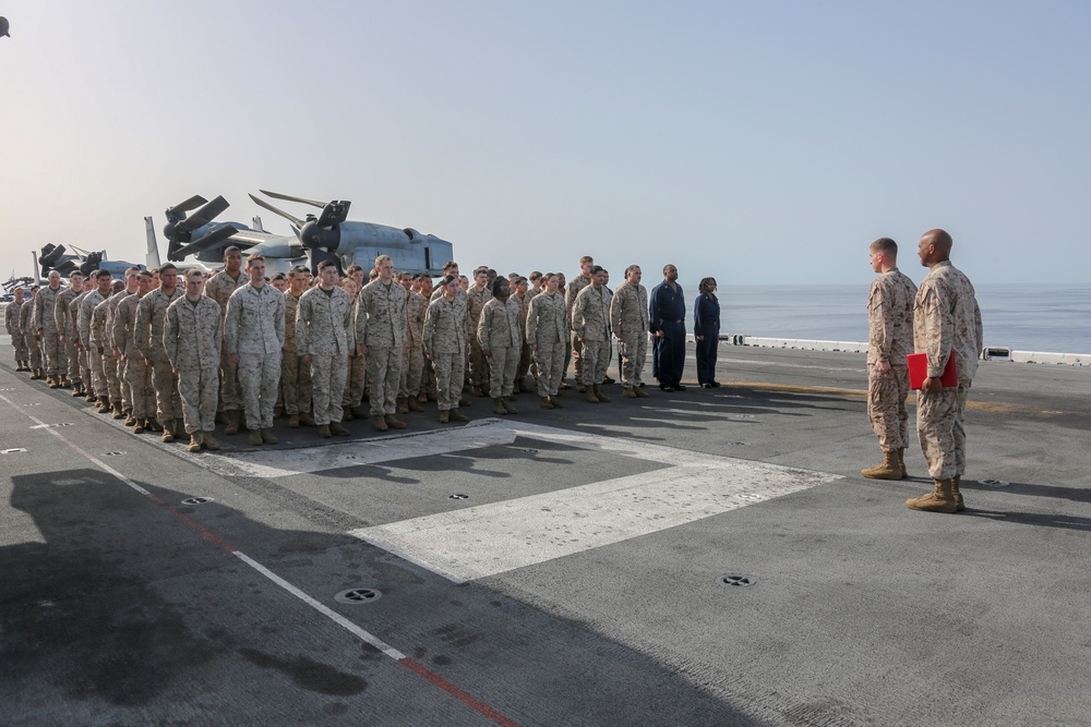 Corpsmen receive Fleet Marine Force pins aboard USS Bataan