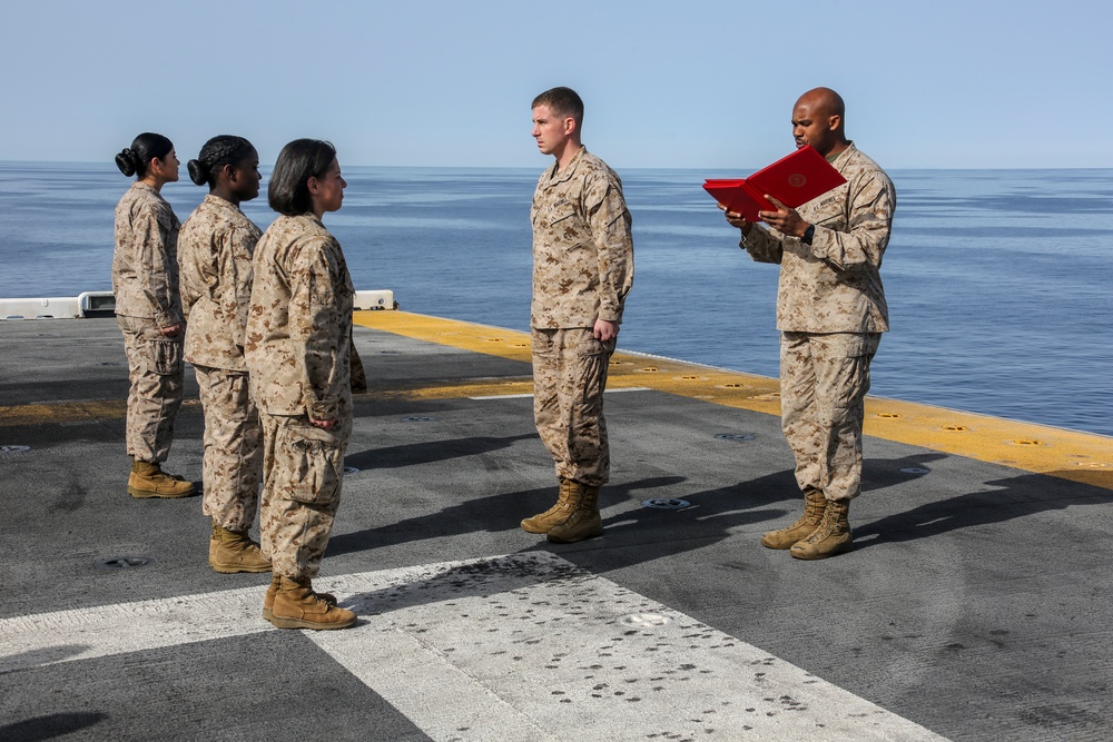 Corpsmen receive Fleet Marine Force pins aboard USS Bataan