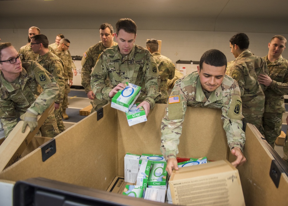 Connecticut National Guard sets up federal medical station equipment at Southern Connecticut State University