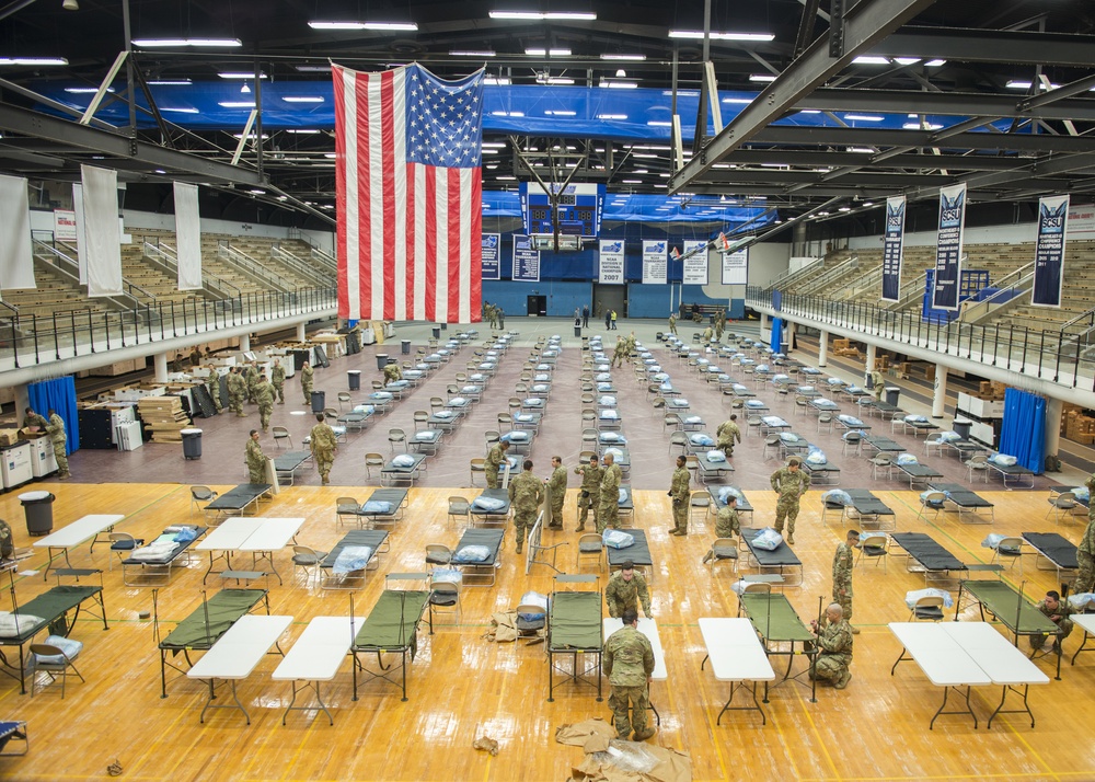 Connecticut National Guard sets up federal medical station equipment at Southern Connecticut State University