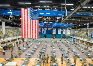 Connecticut National Guard sets up federal medical station equipment at Southern Connecticut State University