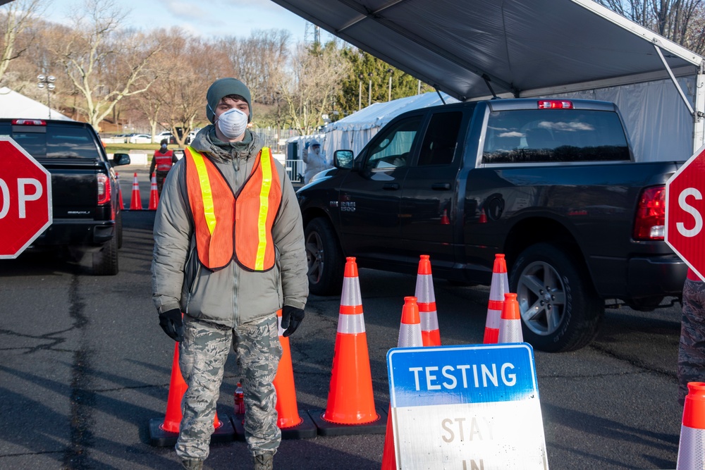 New Jersey National Guardsmen direct traffic to support local agencies during COVID-19 testing