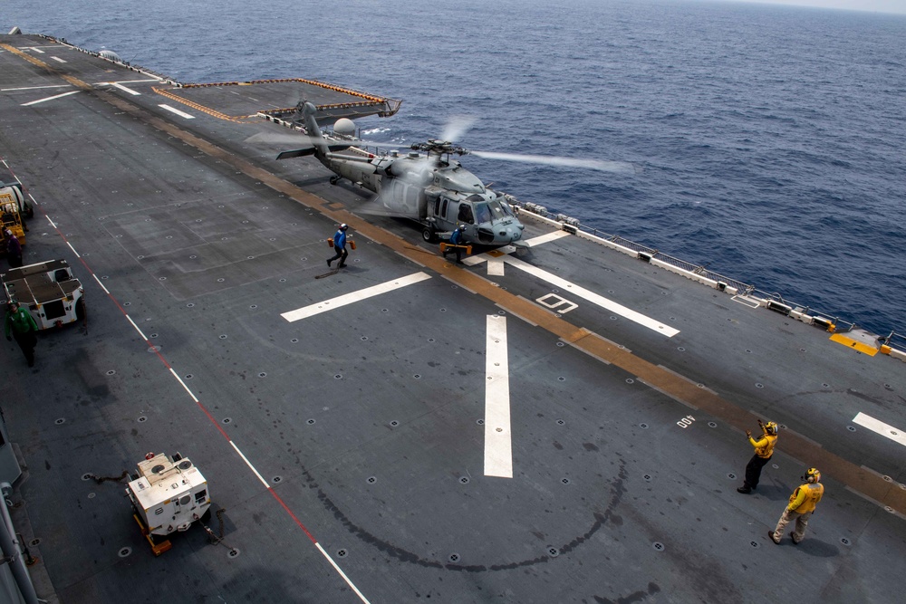 USS America (LHA 6) conducts flight operations.