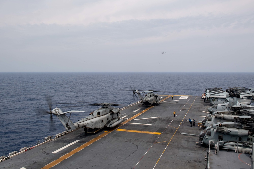 USS America (LHA 6) conducts flight operations.