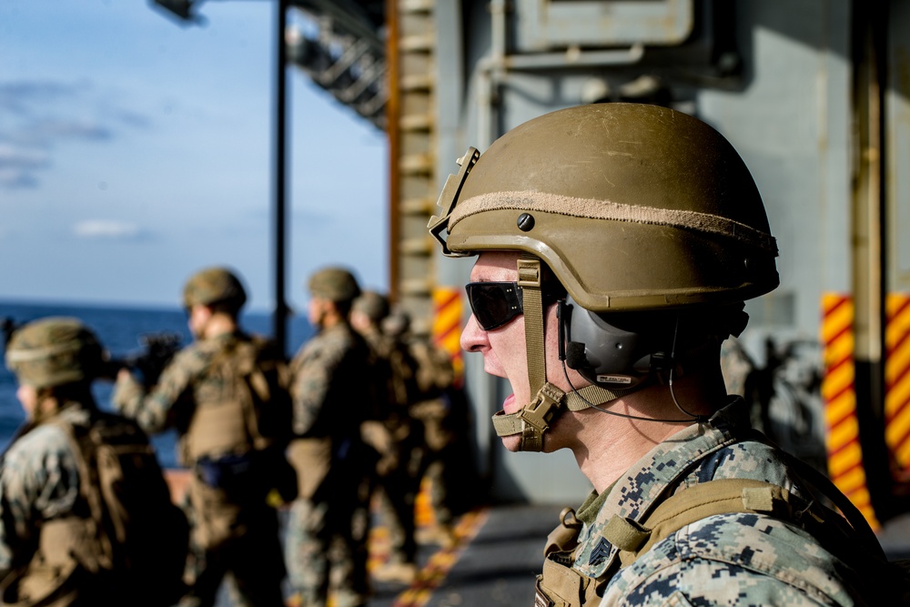 Marines with BLT 1/5, 31st MEU conduct combat marksmanship range aboard USS America