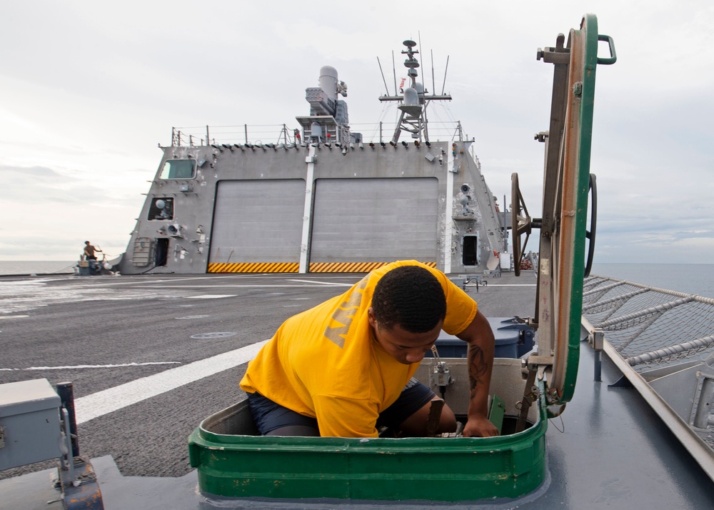 USS Gabrielle Giffords Flight Deck Washdown