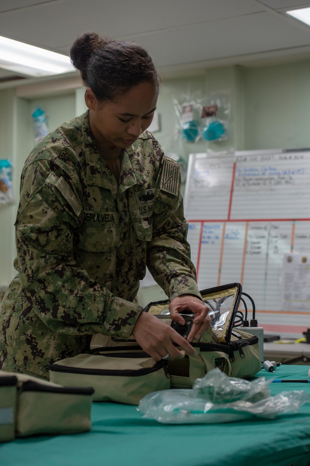 Sailors Prepare Medical Equipment aboard USNS Mercy (T-AH 19)