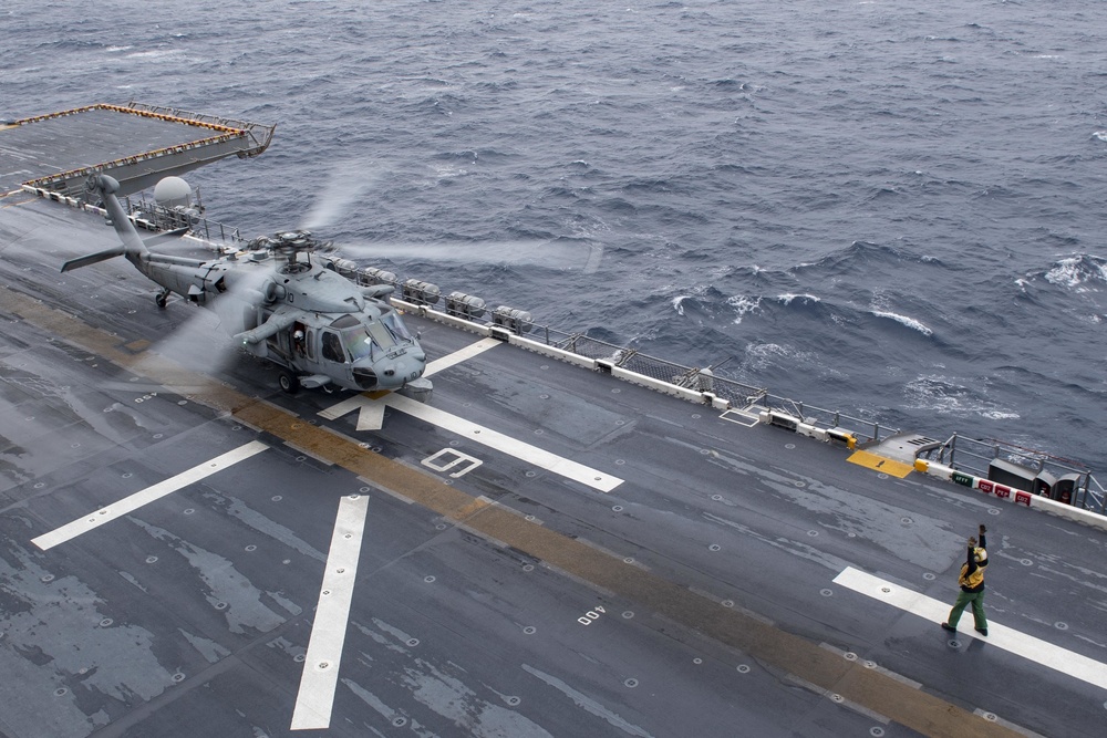 USS America (LHA 6) conducts flight operations April 9, 2020