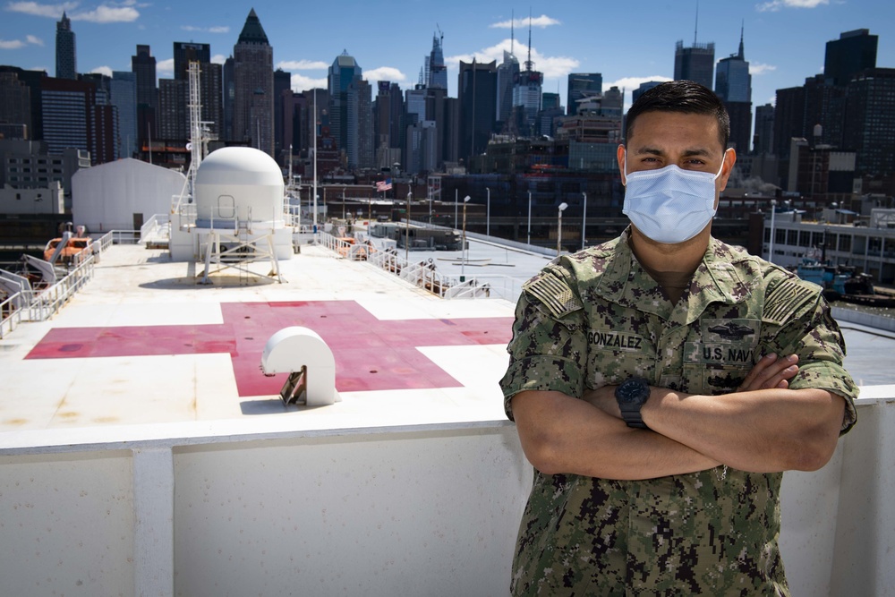 U.S. Navy Chief Hospital Corpsman Gonzalez, leading chief petty officer of radiology aboard the Military Sealift Command hospital ship USNS Comfort (T-AH 20).