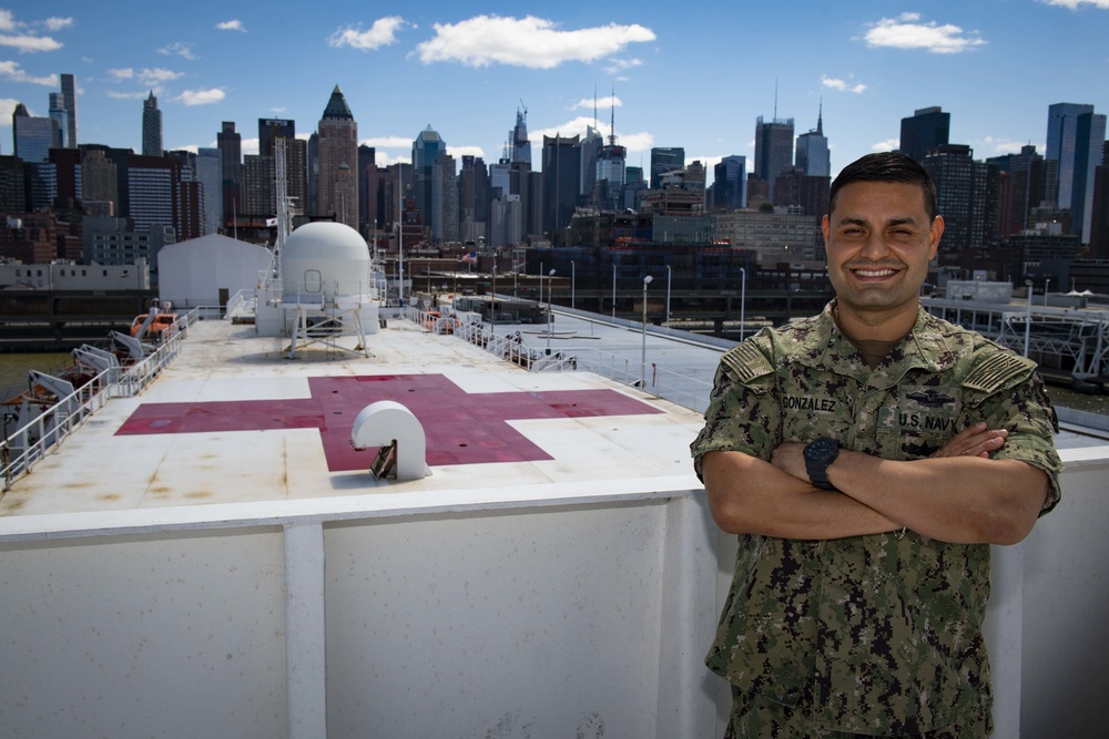 U.S. Navy Chief Hospital Corpsman Gonzalez, leading chief petty officer of radiology aboard the Military Sealift Command hospital ship USNS Comfort (T-AH 20).