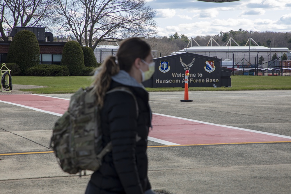 Members of The 801st Combat Support Hospital, U.S. Army Reserve, Fort Sheridan, Illinois, arrives in Hanscom Air Force Base